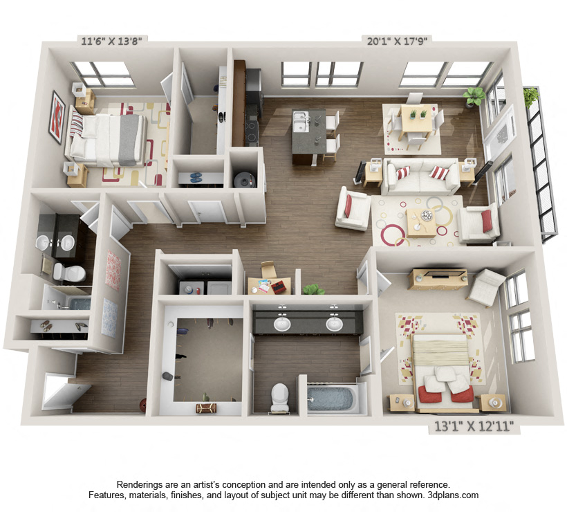 Floor plan for 2 beds, 2 baths, 1376 sqft